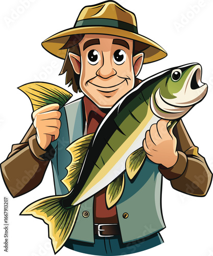Angler In Hat Holding Freshly Caught Bass