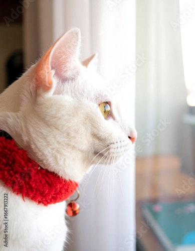White cat looking out a window