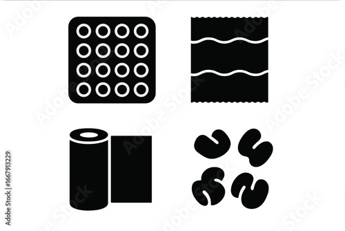 Packaging materials solid icons. Set of bubble wrap, corrugated cardboard, stretch film, foam peanuts. Vector symbols. Shipping supplies. Logistics. Delivery. Fragile protection.