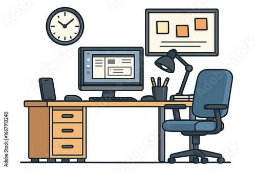 Modern office workspace interior. Workplace with computer on desk, chair, lamp. Business, freelance job concept. Work from home office. Flat cartoon vector illustration.