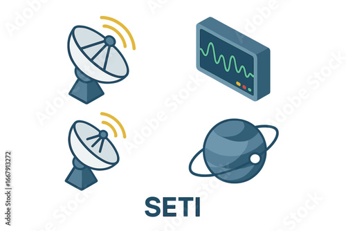 SETI icon set. Isometric flat icons of radio telescope, dish antenna, signal waveform and planet. Technosignature search for extraterrestrial life. Vector illustration.