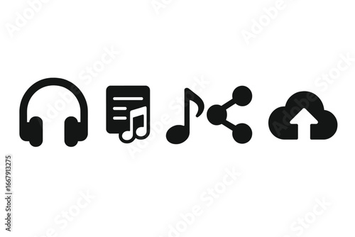 Music icon set solid glyph. Vector symbols for audio streaming and sharing app. Headphones, playlist, song note, share sign, cloud upload. Listen to podcast or track. UI UX kit.