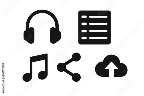 Music icon set for streaming service app. Solid glyph style pictograms. Vector elements for UI UX design. Headphones, playlist, share, cloud upload, music note symbols.