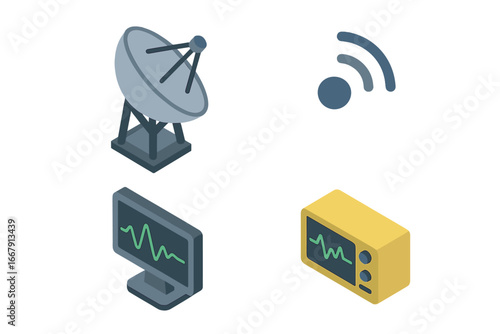 Isometric icon set for SETI and technosignature research. Vector graphics of radio telescope, satellite dish, signal waveform, and display screen for space exploration.