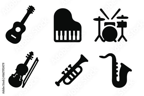 Musical instrument icon set. Solid glyph collection with guitar, piano, drums, violin, trumpet, saxophone. Music symbols for band, orchestra, jazz, concert. Vector silhouette.