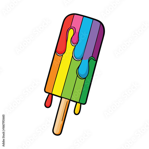 Vibrant rainbow popsicle dripping with sweetness on a white background
