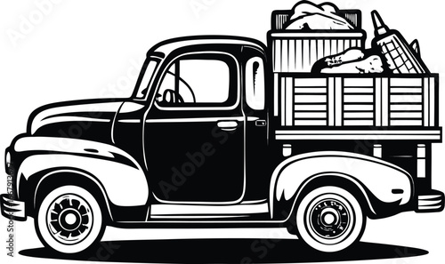 Antique Pickup Truck With Open Tailgate Full Of Cargo