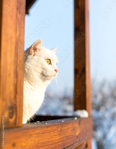 White cat looking out of wooden structure in winter