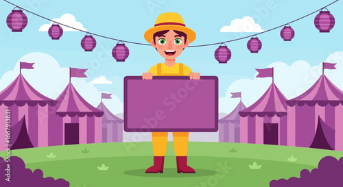 Excited carnival attendant with blank sign welcomes guests to vibrant circus tents and festive lanterns overhead