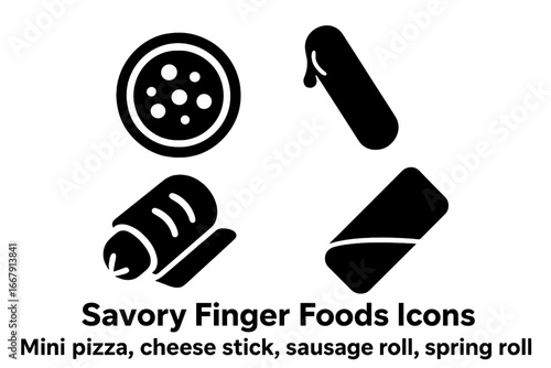 Savory finger food icon set. Solid glyph collection of appetizers and party snacks. Vector icons of mini pizza, cheese stick, sausage roll, and spring roll for menus.