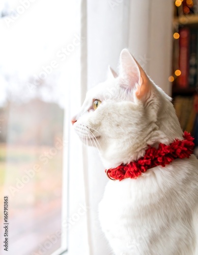 White cat looking out window, red collar