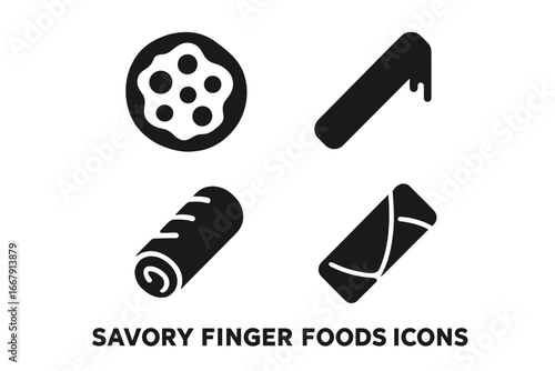 Savory finger foods icon set. Solid glyph collection of party appetizers, snacks, mini pizza, cheese stick, sausage roll, spring roll. Simple black silhouette vector illustration.
