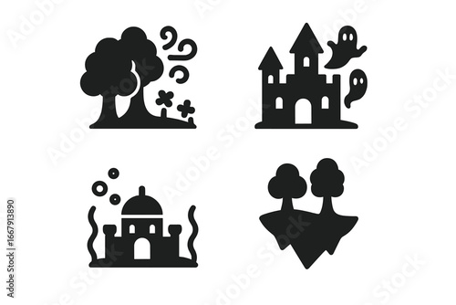 Mythical places icon set with solid glyphs. Vector icons of fantasy locations like enchanted forest, haunted castle with ghosts, underwater city Atlantis, and a floating sky island.