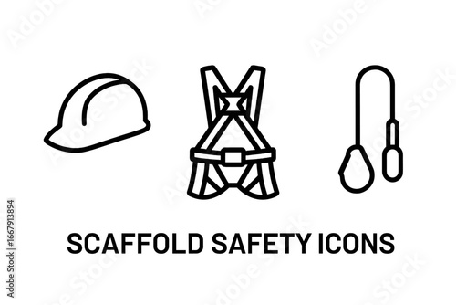 Scaffold safety icons. Personal protective equipment for construction work. Outline icon set of hard hat, safety harness, lanyard, fall arrest system. Vector PPE concept illustration.