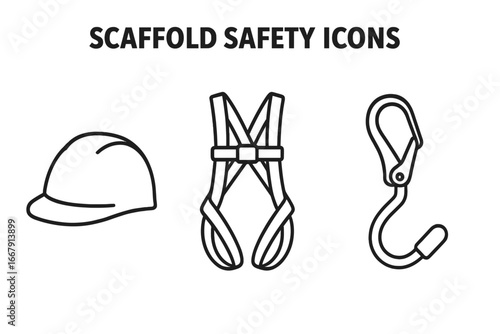 Scaffold safety icons. Outline icon set personal protective equipment. Hard hat, safety harness, lanyard. Vector for fall protection, construction, work at height concept.