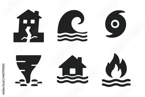 Natural disaster solid glyph icon set. Catastrophe and emergency pictograms. Earthquake, tsunami, hurricane, tornado, flood, wildfire symbols. Weather warning sign vector illustration.