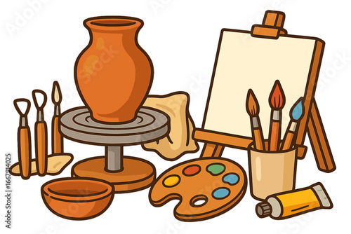 Creative hobbies, art and craft concept. Pottery and painting tools set. Clay vase on potter's wheel, easel, artist brushes, palette. Art studio or workshop vector cartoon.