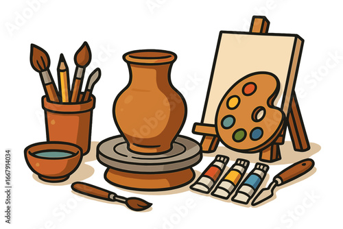 Art studio concept with painting and pottery tools. Vector illustration of easel, canvas, paints, palette, brushes, potter's wheel, and clay vase. Creative hobby or workshop.