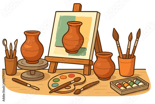 Pottery and painting art studio. Creative hobby workspace with tools. Still life drawing on easel. Clay pot on potter's wheel. Ceramic craft. Art class vector illustration.