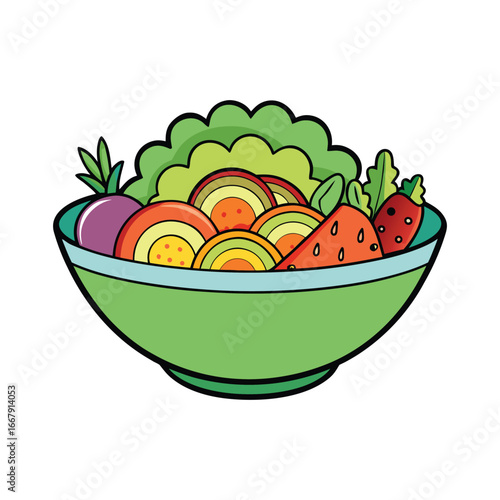 Vibrant cartoon salad bowl filled with fresh vegetables and sliced eggs