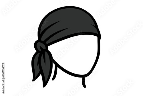 Black bandana on a faceless head, a minimalist vector icon. Headwear fashion accessory for bikers, pirates, or casual street style. Anonymous person cartoon illustration.