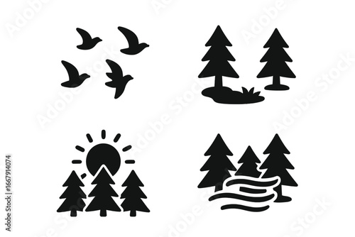 Nature awakening solid icon set. Forest, pine trees, and flying birds silhouettes. Sunrise over trees and morning mist in the woods. Outdoor, travel, and environment vector icons.