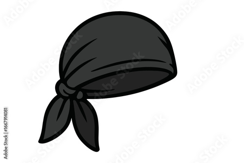 Black bandana headwear, gangster or biker head wrap. Vector cartoon illustration of a kerchief. Hip hop fashion accessory, pirate or rapper symbol. Minimalist style icon.