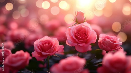 Pink rose flower garden bloom with soft bokeh petals nature romantic atmosphere vibrant color delicate floral summer beauty close up natural light glowing sunset