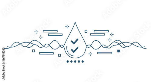 Clean water drop with wave pattern and checkmarks symbolizing purity and quality
