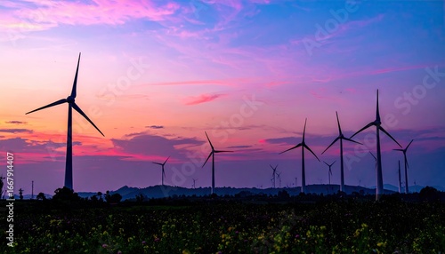 Silhouetted Wind Turbines Against a Pastel Sunset