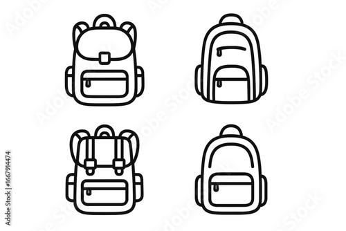 Backpack icon set. School, travel, hiking rucksack outline symbols. Vector line art collection for education, tourism, and adventure. Linear graphic design elements isolated.