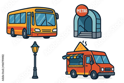 Urban transport vector set. Colorful cartoon collection of city life elements. Public bus, metro station entrance, street food truck, and lamppost. Isolated flat design icons.