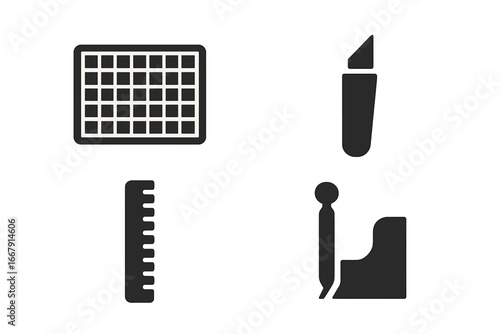 Craft tools vector glyph icon set. Black silhouette symbols of cutting mat, precision knife, ruler, paper scorer. For DIY projects, hobby, scrapbooking, model making, workshop.