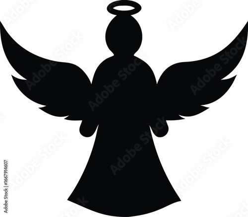 silhouette of an angel with wings, halo, and flowing robe, dark and brooding, dramatic lighting, moody and atmospheric, high contrast, gothic, detailed, cinematic
