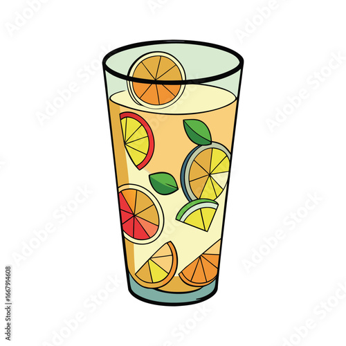 Refreshing tall glass of citrus infused water with mint leaves and fruit slices