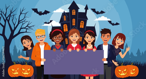 Happy friends with pumpkins and spooky house hold banner for Halloween fun