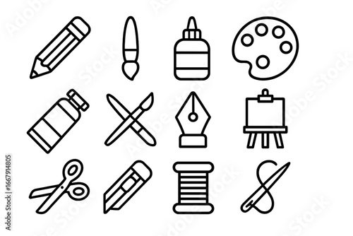 Art and craft outline icon set. Creative hobby & design tools collection. Vector line art symbols for painting, drawing, sewing & school supplies. Artist equipment pictogram.