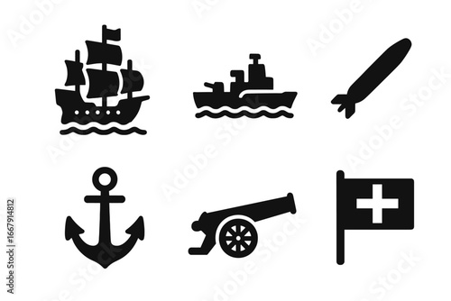 Naval warfare vector icon set. Solid glyphs of navy military history. Galleon, battleship, torpedo, anchor, naval cannon, and maritime flag. Sea battle silhouette symbols.