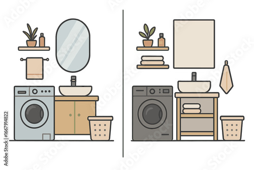 Bathroom and laundry room interior design comparison. Vector furniture set with washing machine, sink, and mirror. Minimalist home decor concept. Flat cartoon illustration.