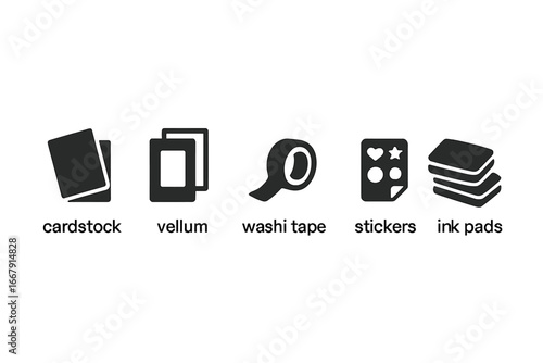 Scrapbooking solid icon set with craft materials. Vector glyph symbols for cardstock, vellum paper, washi tape, stickers, and ink pads. DIY hobby and creative supplies.
