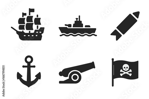Naval warfare icon set. Solid glyph symbols of military ships. Vector silhouette collection includes pirate galleon, battleship, torpedo, anchor, cannon, and Jolly Roger flag.