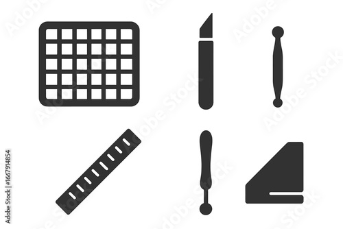 Scrapbooking tools solid icon set. Vector glyph collection for DIY papercraft and hobby crafts. Includes cutting mat, craft knife, ruler, embossing tool, and corner punch.