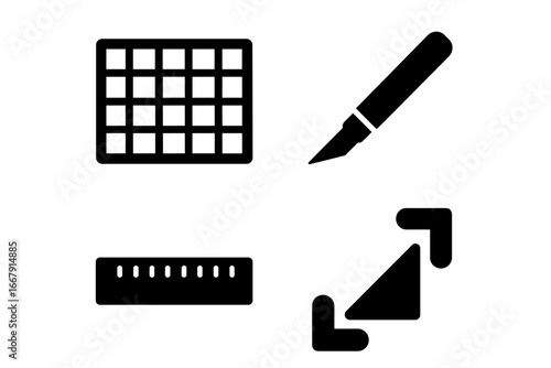 Scrapbooking tools solid icon set. Craft hobby concept. Cutting mat, craft knife, ruler, corner puncher icons. DIY supplies for handmade album or card making. Vector glyphs.