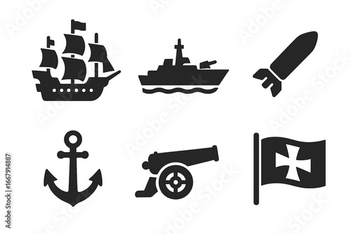 Naval warfare icon set. Solid glyph symbols of maritime history. Vector collection with galleon, battleship, torpedo, anchor, naval cannon, and war flag for navy or military.