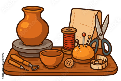 Handmade crafts concept with pottery and sewing tools. Creative hobby or small business workspace with clay pot, thread, and scissors. DIY workshop vector illustration.