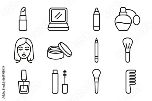 Beauty and makeup outline icon set. Cosmetic tools collection with lipstick, mascara, eyeliner, brush, powder, perfume, nail polish. Vector linear icons for glamour and fashion.