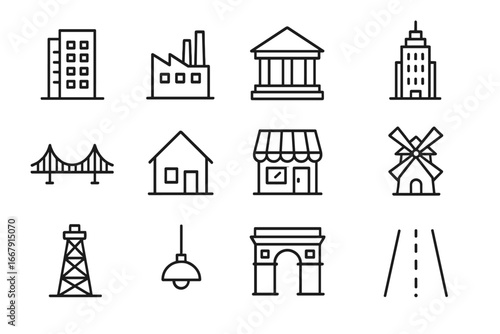 Building and landmark line icon set. Architecture, industrial, and travel symbols. Vector outline collection with city, home, factory, bridge, and monument illustrations.