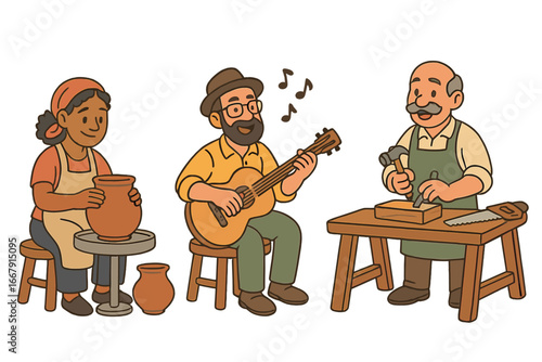 Artisans people making traditional crafts. Woman potter at wheel, man playing guitar, carpenter woodworker. Creative hobby, handmade workshop, music, pottery, wood carving vector set.