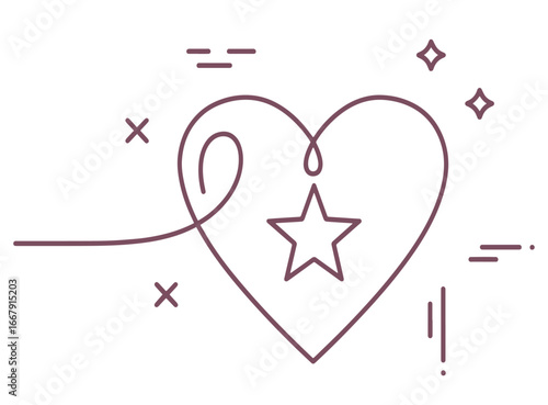 Elegant single line drawing of a heart with a star inside, symbolizing love and dreams.