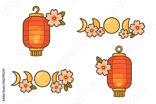 Asian lantern and cherry blossom set. Moon phases illustration. Vector celestial symbols for Japanese or Chinese festival. Sakura flower graphic. Oriental celebration decoration.